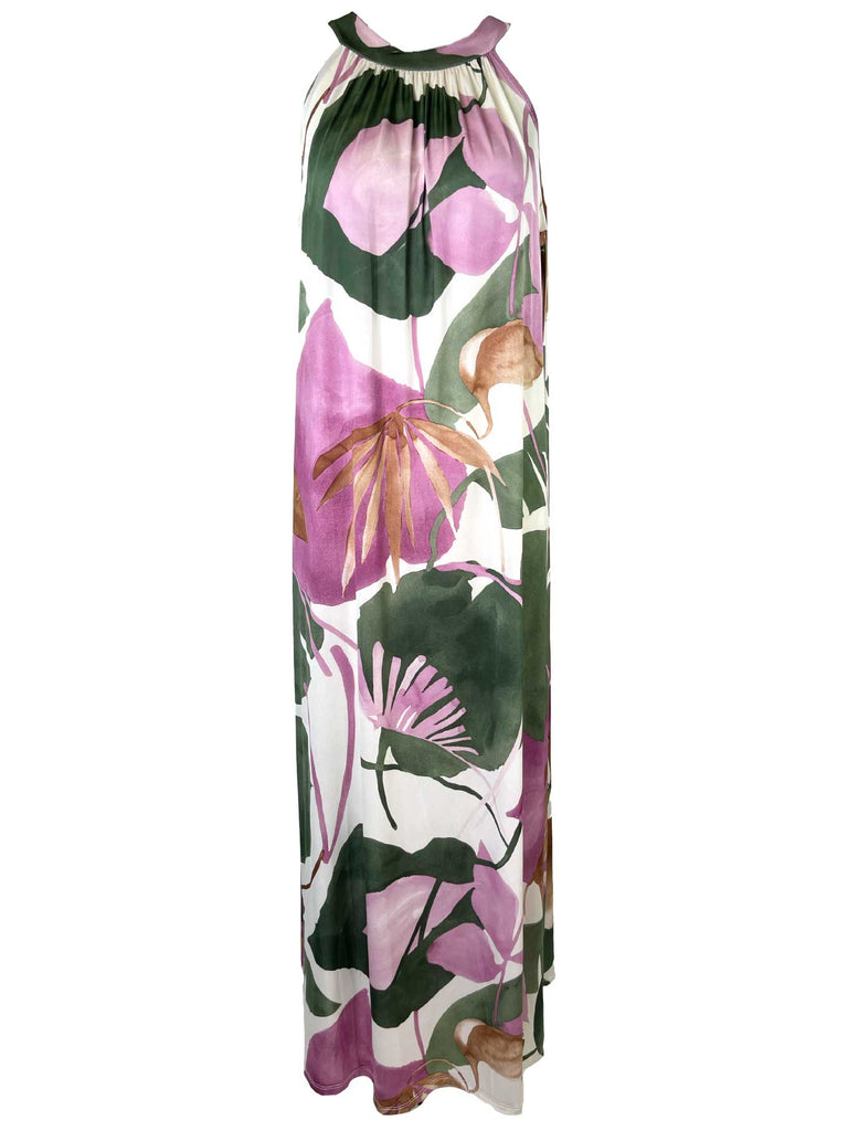 Kofferkleid lang, Floral, oliv lila , im Nacken zum Binden, beidseitig tragbar, Ansicht vorn