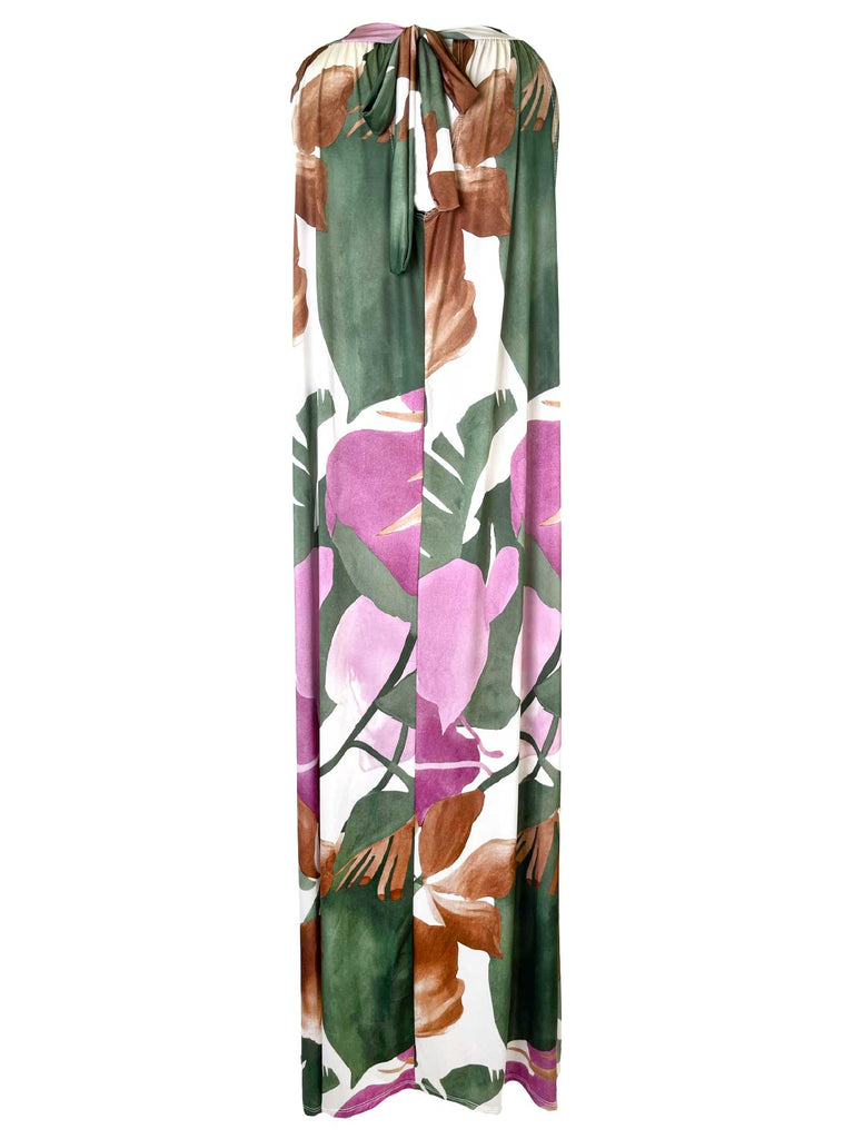 Kofferkleid lang, Floral, oliv lila , im Nacken zum Binden, beidseitig tragbar, Ansicht hinten