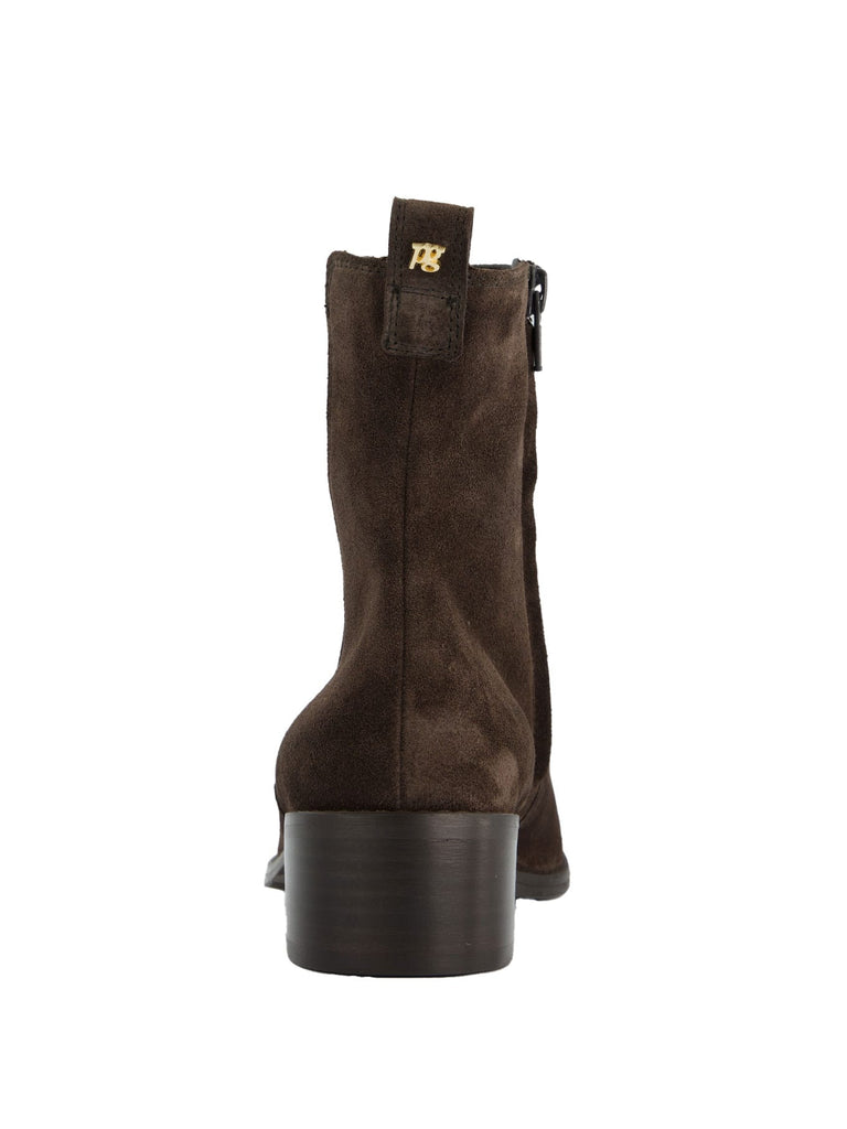 Stiefelette, Veloursleder, spitze Vorderkappe, braun, Ansicht hinten