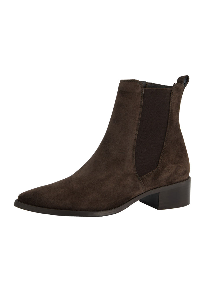Stiefelette, Veloursleder, spitze Vorderkappe, braun, Ansicht seitlich