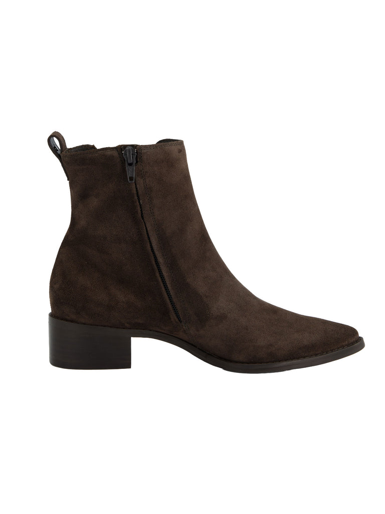 Stiefelette, Veloursleder, spitze Vorderkappe, braun, Ansicht seitlich