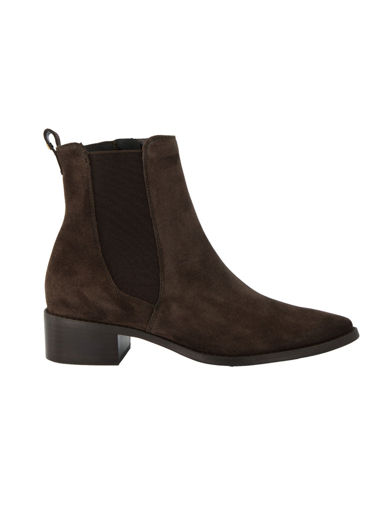 Stiefelette, Veloursleder, spitze Vorderkappe, braun, Ansicht seitlich