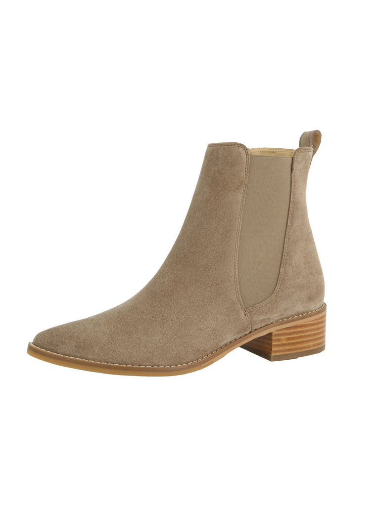 Stiefelette, Veloursleder, spitze Vorderkappe, beige, Ansicht seitlich