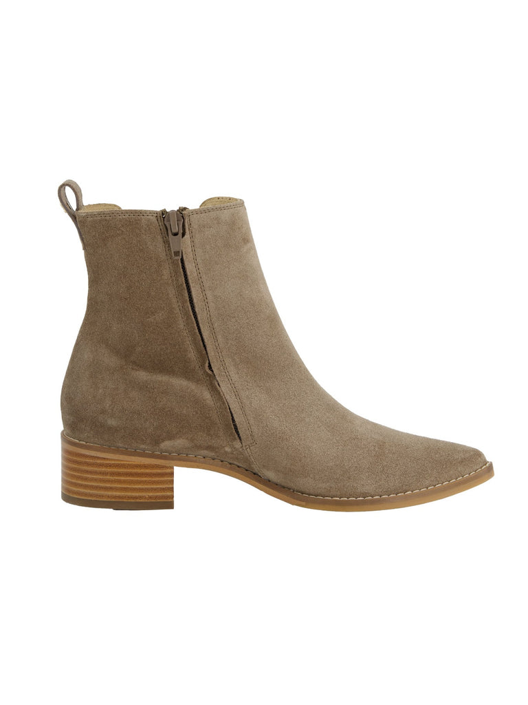 Stiefelette, Veloursleder, spitze Vorderkappe, beige, Ansicht seitlich