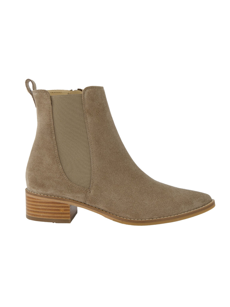 Stiefelette, Veloursleder, spitze Vorderkappe, beige, Ansicht seitlich