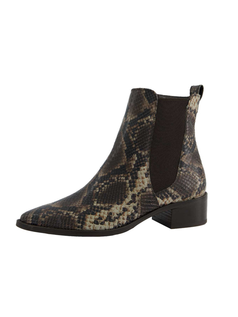 Stiefelette, Leder, spitze Vorderkappe, boa braun, Ansicht seitlich