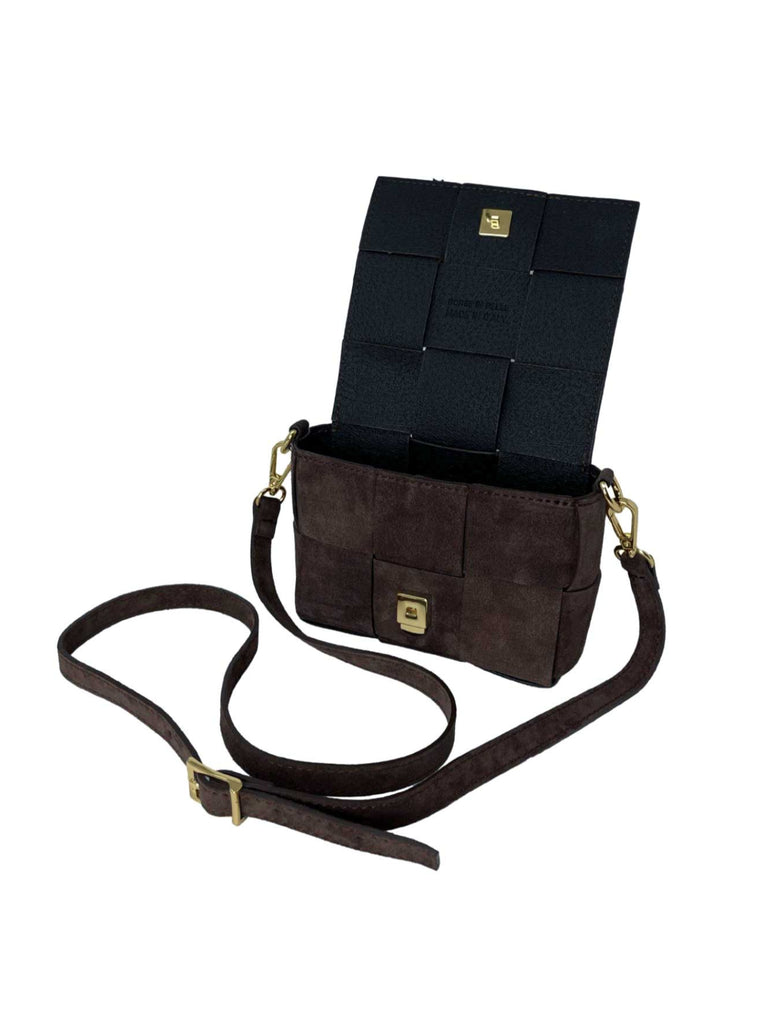 Handtasche klein, geflochten, braun, Ansicht offen