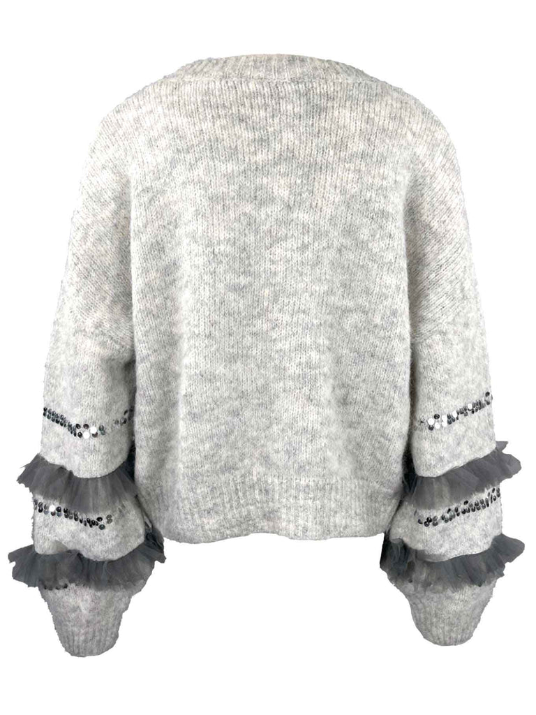 Strickpullover, mit Pailetten und Tüll, hellgrau, Ansicht hinten