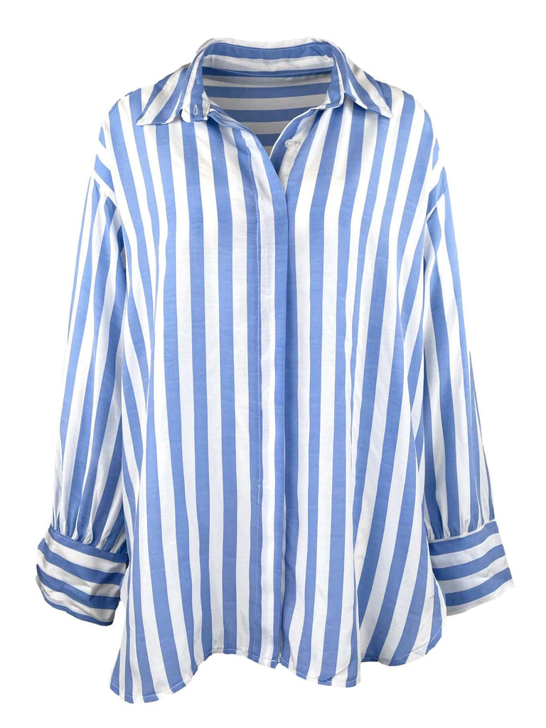 Bluse, gestreift, mittelblau, Ansicht vorne