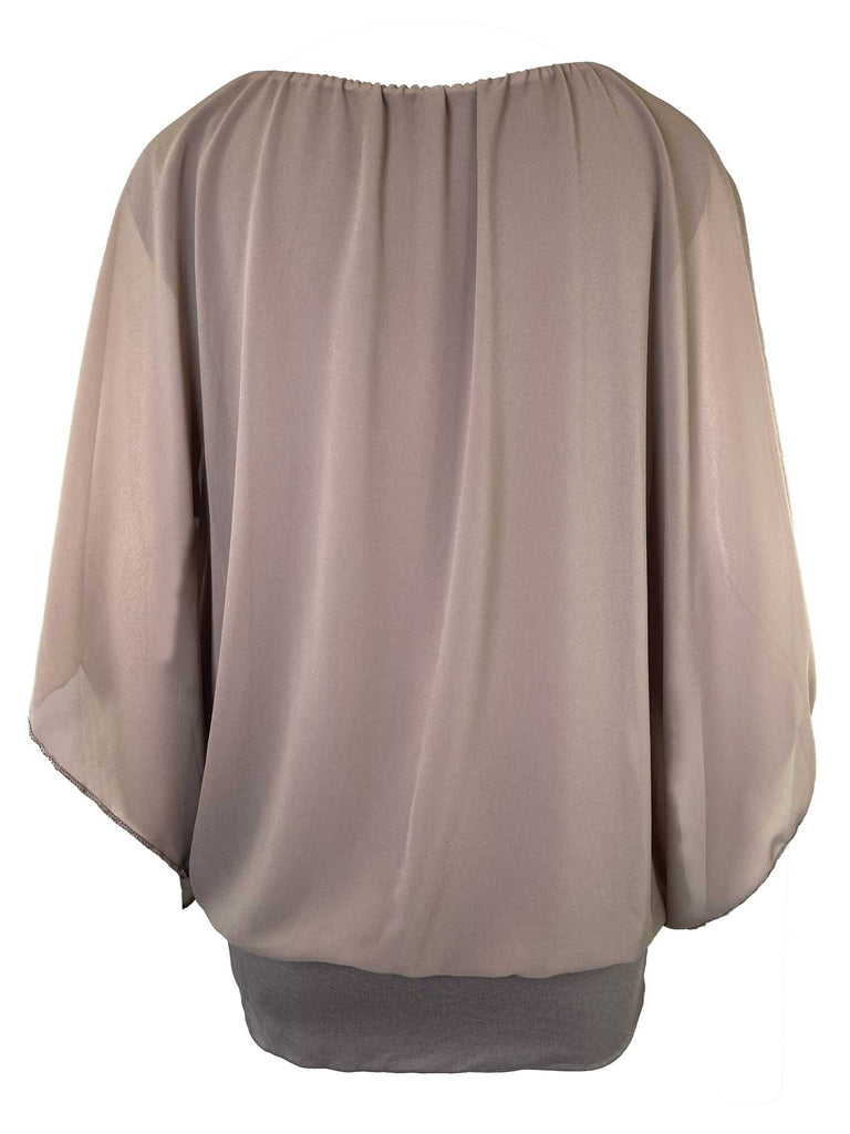 Chiffonshirt, lockerer Fall, Rundhals, taupe, Ansicht hintem