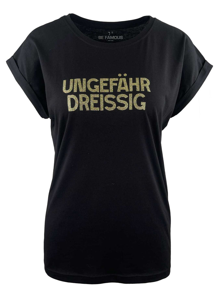 TShirt, Glitzeraufdruck Ungefähr Dreissig, schwarz, Ansicht vorne