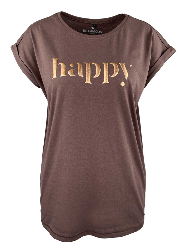 TShirt, Rosegoldoldaufdruck Happy, braun, Ansicht vorne
