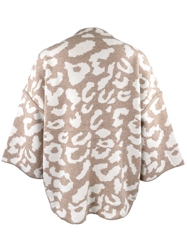 Pullover, Stehkragen, kurzarm, Leo-Muster, beige, Ansicht hinten