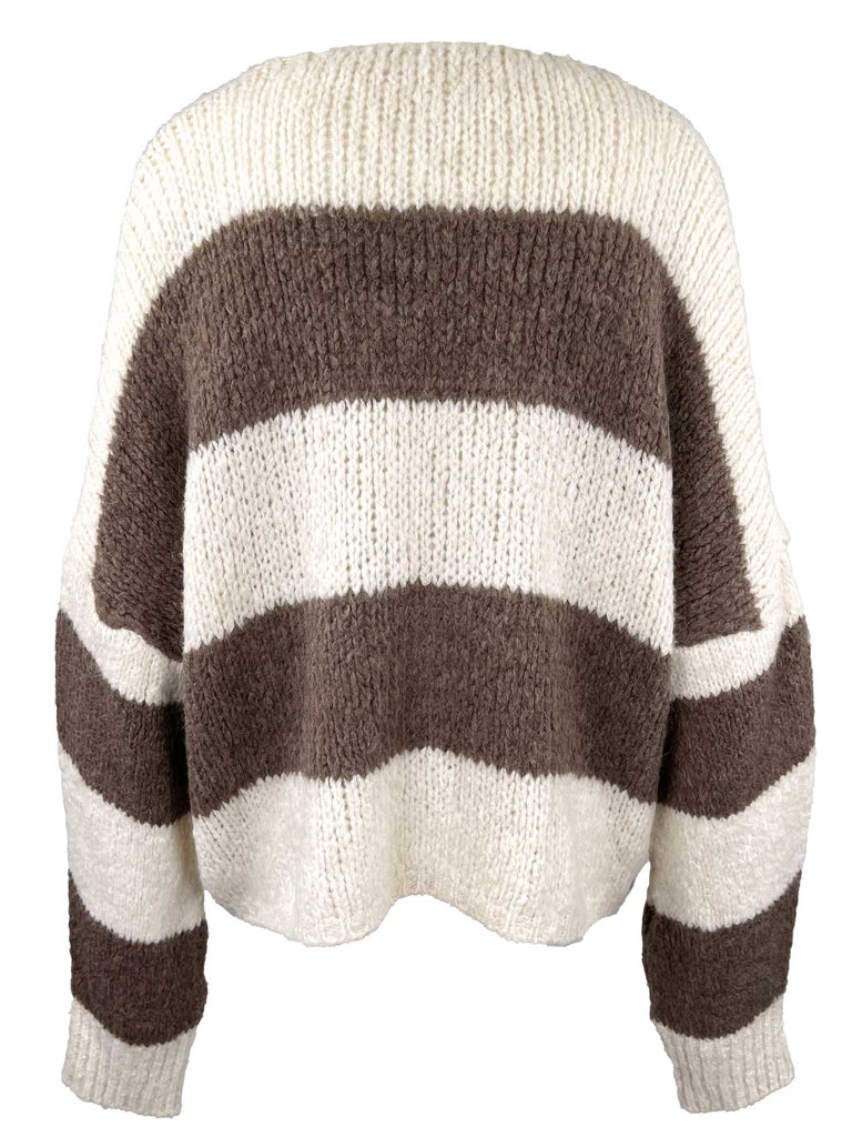 Strickjacke mit Bändern, beige braun gestreift, Ansicht hinten