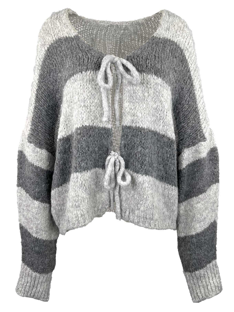 Strickjacke mit Bändern, grau gestreift, Ansicht vorne