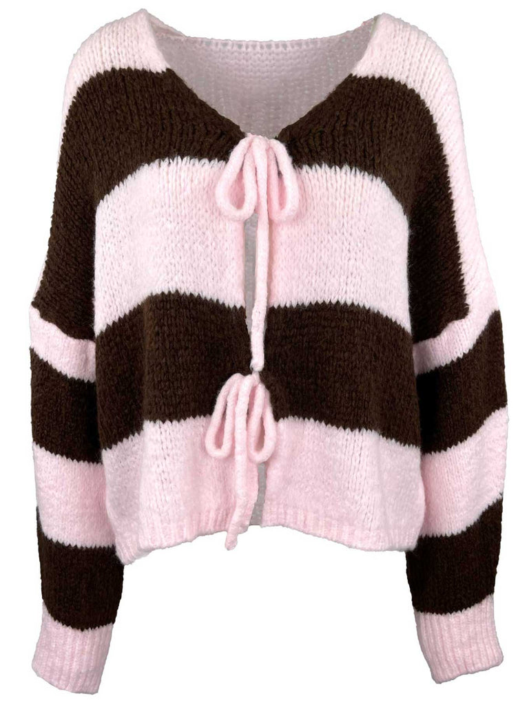 Strickjacke mit Bändern, rosa braun gestreift, Ansicht vorne