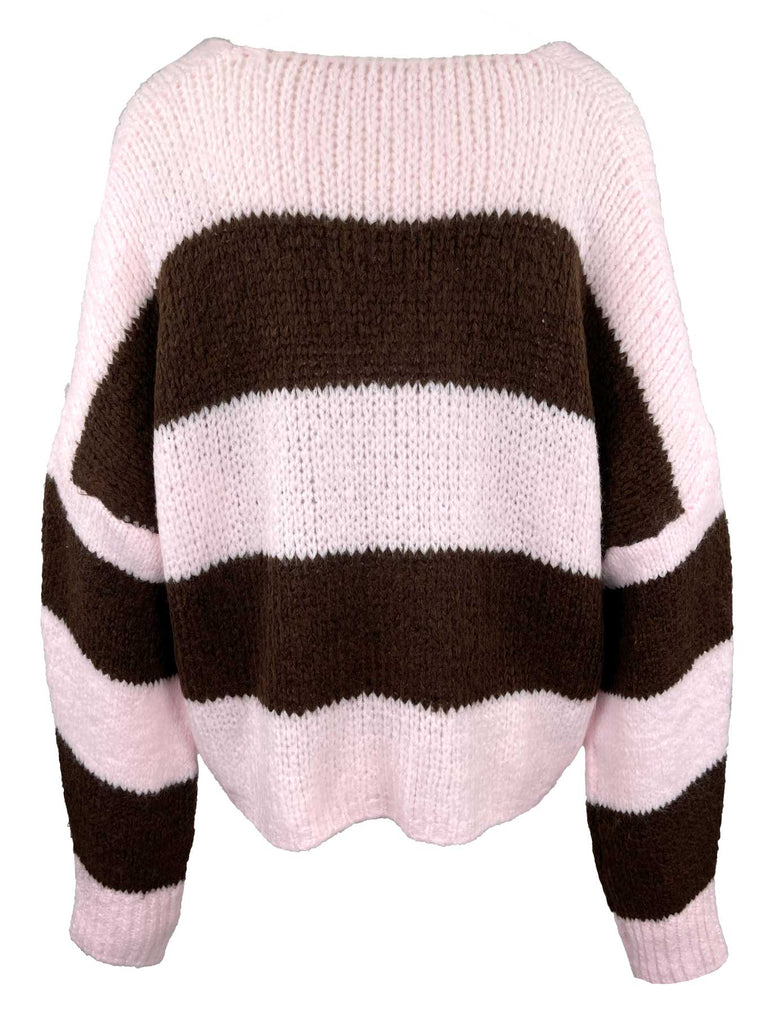 Strickjacke mit Bändern, rosa braun gestreift, Ansicht hinten