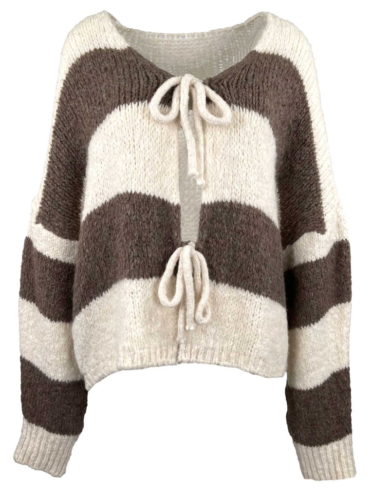 Strickjacke mit Bändern, beige braun gestreift, Ansicht vorne