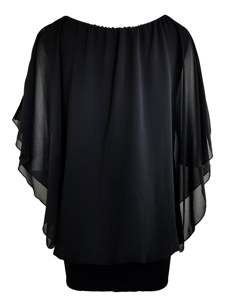 Chiffonshirt, lockerer Fall, Rundhals, schwarz, Ansicht hinten