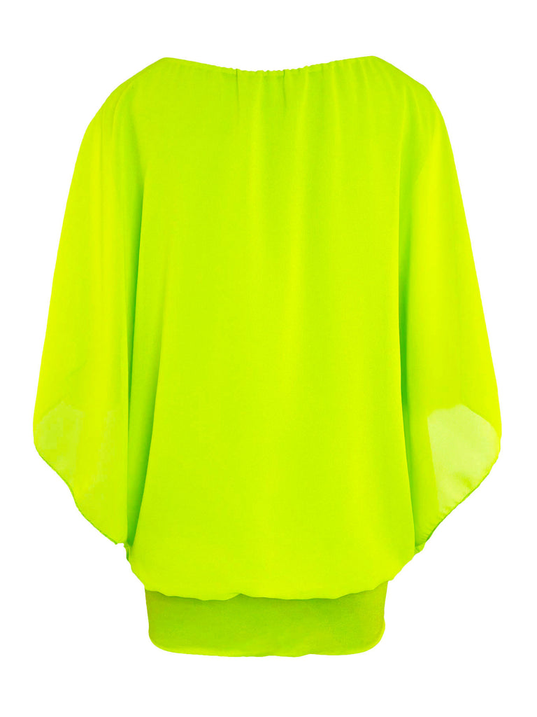 Chiffonshirt, lockerer Fall, Rundhals, neon limette, Ansicht hinten