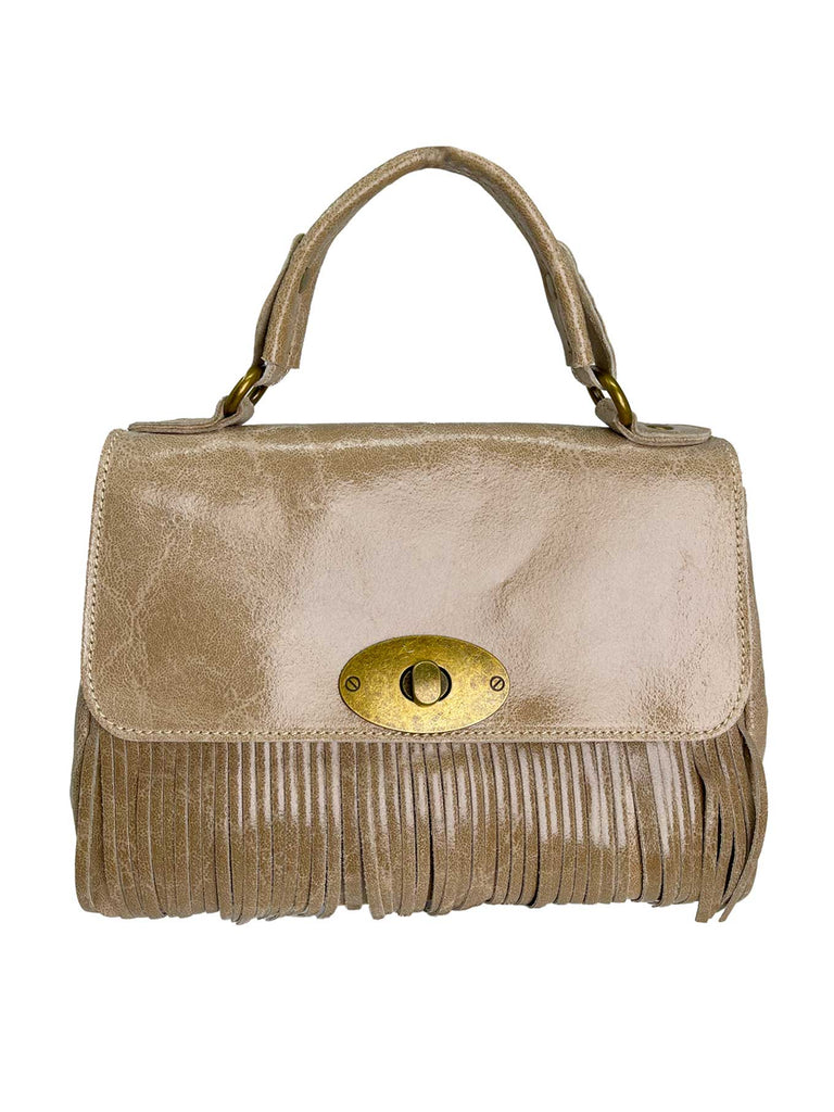 Ledertasche Fransen beige mit Metallic Drehverschluss