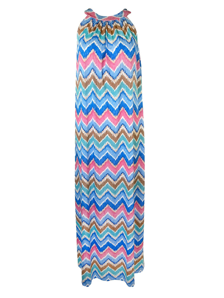Kofferkleid lang, Zickzack im Verlauf, blau, im Nacken zum Binden, beidseitig tragbar, Ansicht vorn