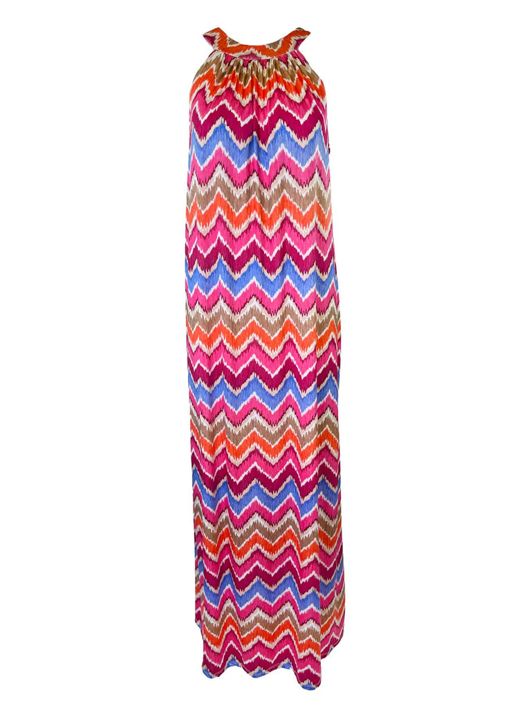 Kofferkleid lang, Zickzack im Verlauf, pink, im Nacken zum Binden, beidseitig tragbar, Ansicht vorn