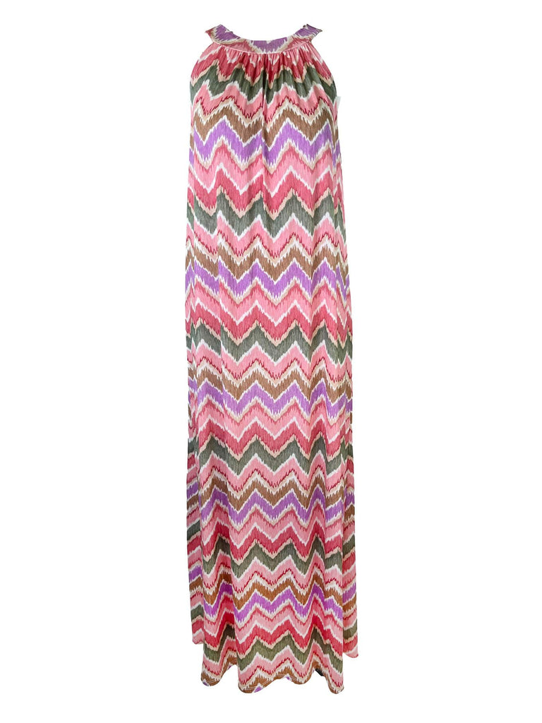 Kofferkleid lang, Zickzack im Verlauf, rosa, im Nacken zum Binden, beidseitig tragbar, Ansicht vorn