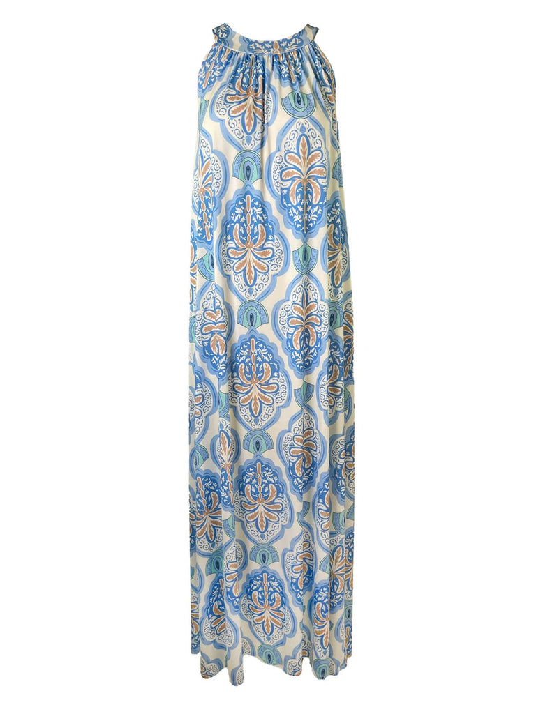 Kofferkleid lang, mit Ornamenten, blau, im Nacken zum Binden, beidseitig tragbar, Ansicht vorn