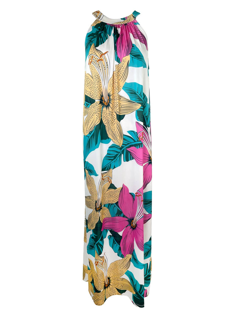 Kofferkleid lang, Lilien Print , pink bunt, im Nacken zum Binden, beidseitig tragbar, Ansicht vorn