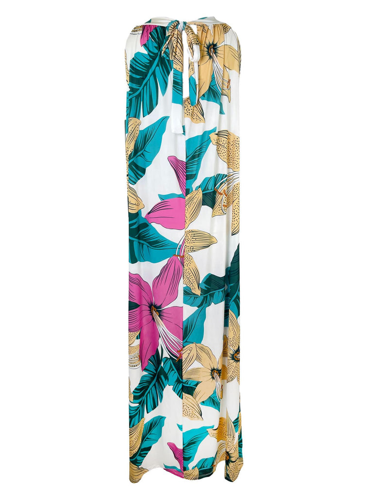 Kofferkleid lang, Lilien Print , pink bunt, im Nacken zum Binden, beidseitig tragbar, Ansicht hinten