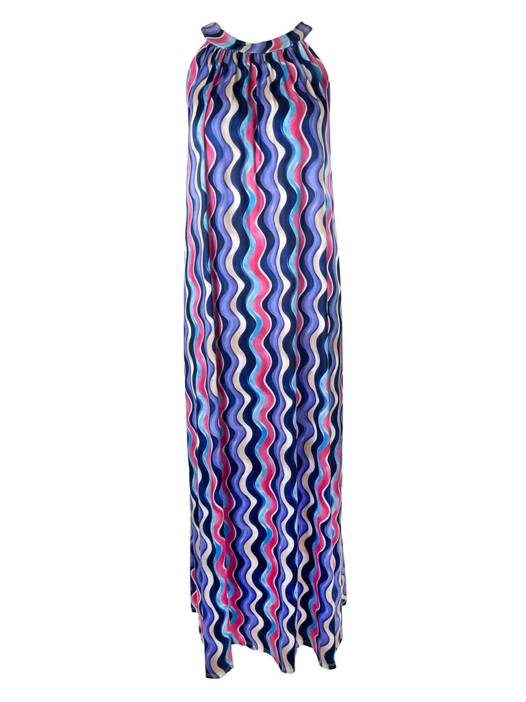 Kofferkleid lang, Wellen Print , blau, im Nacken zum Binden, beidseitig tragbar, Ansicht vorn