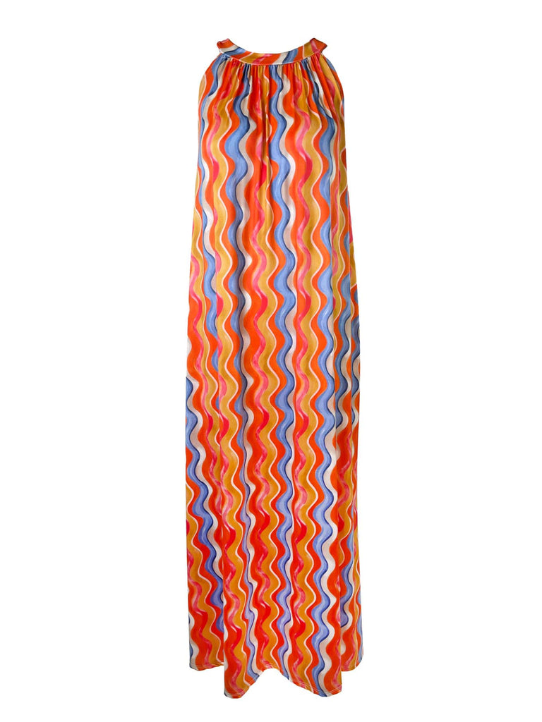 Kofferkleid lang, Wellen Print , orange, im Nacken zum Binden, beidseitig tragbar, Ansicht vorn