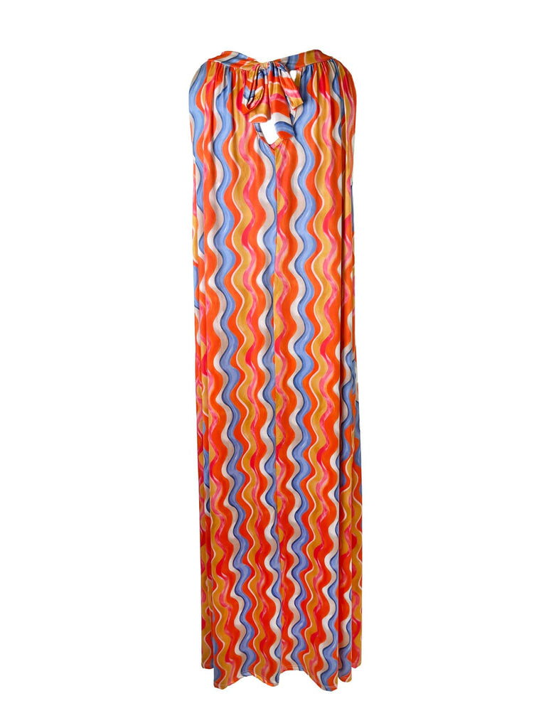 Kofferkleid lang, Wellen Print , orange, im Nacken zum Binden, beidseitig tragbar, Ansicht hinten