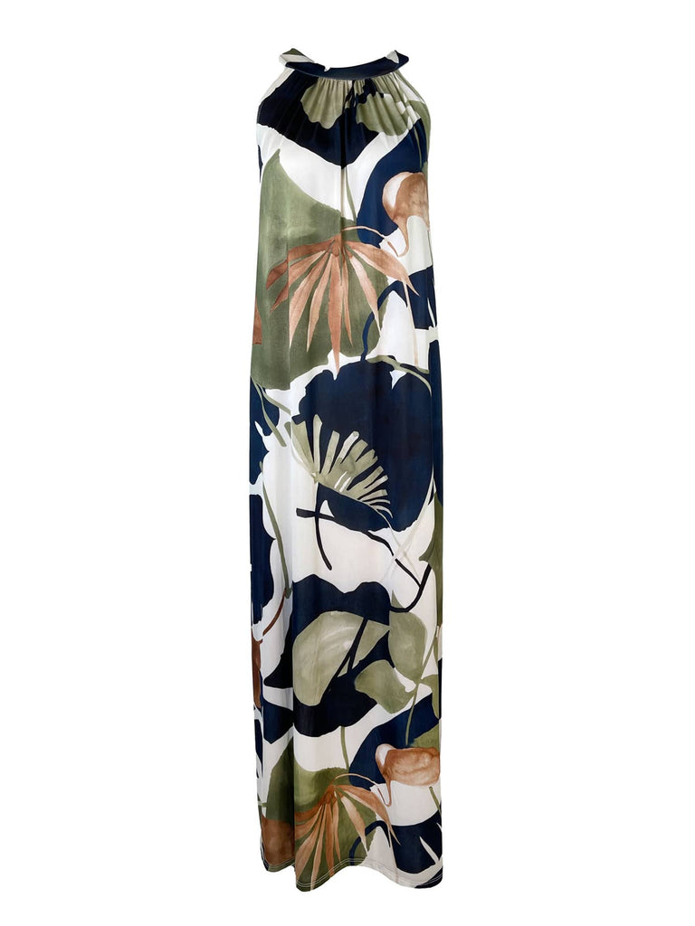 Kofferkleid lang, Floral, grün blau , im Nacken zum Binden, beidseitig tragbar, Ansicht vorn