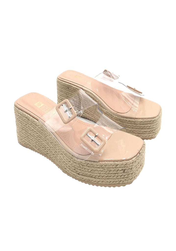 Plateau Pantolette, beige, Bastsohle, transparenter Riemen, mit Schliessen Ansicht Paar seitlich von oben