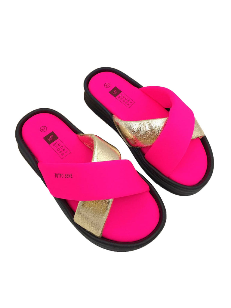 Pantolette in neon pink und goldfarben, Paar-Ansicht von oben 