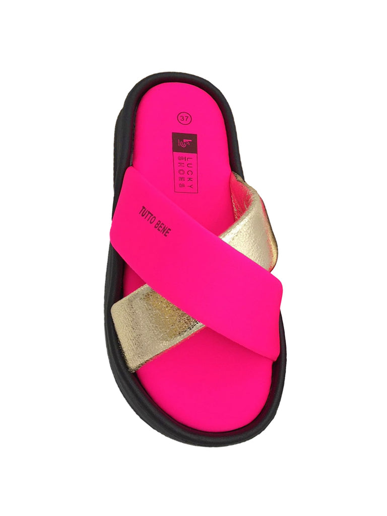 Pantolette in neon pink und goldfarben, Ansicht von oben 