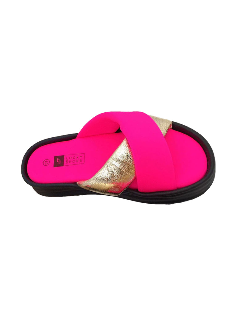 Pantolette in neon pink und goldfarben, Ansicht seitlich