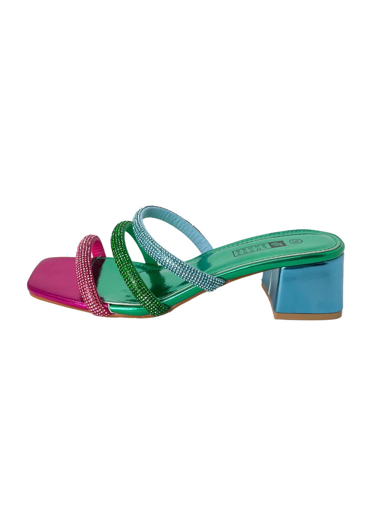 Pantolette mit Strass, dreifarbig pink grün blau, mit Blockabsatz, Ansicht Seite