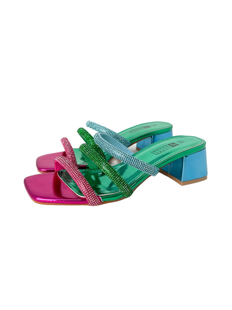 Pantolette mit Strass, dreifarbig pink grün blau, mit Blockabsatz, Ansicht Seite Paar
