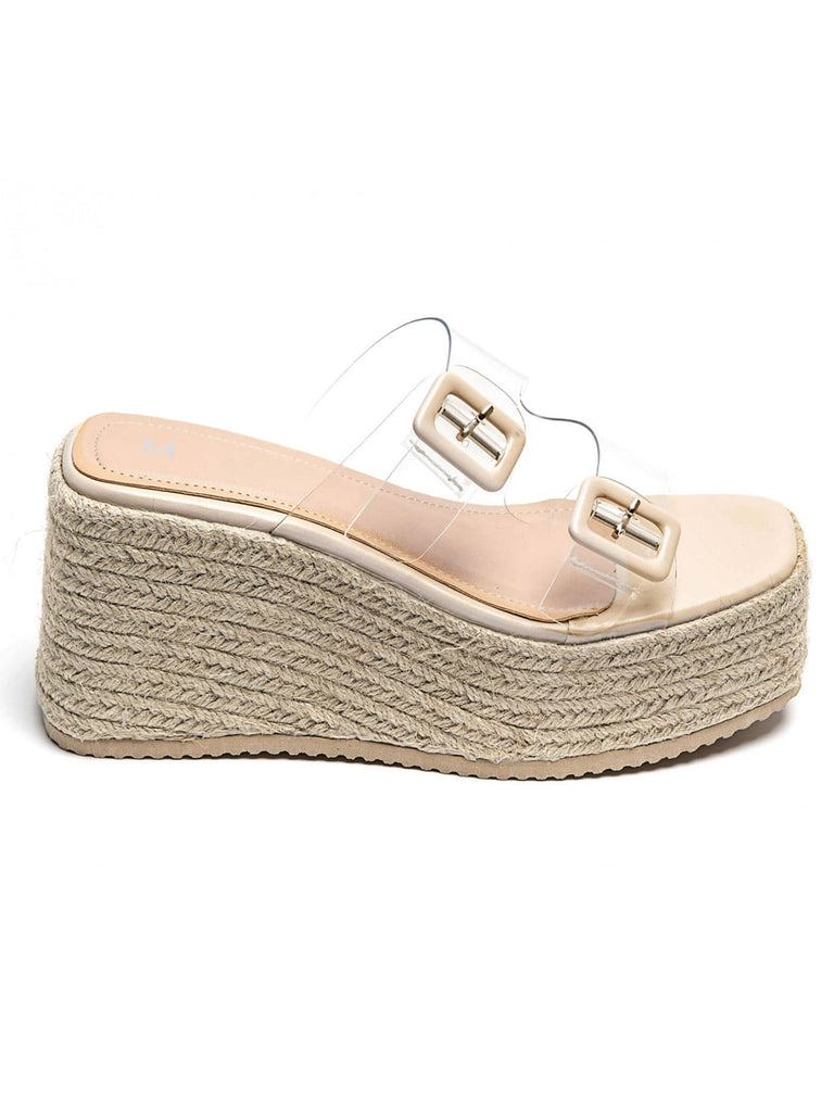 Plateau Pantolette, beige, Bastsohle, transparenter Riemen, mit Schliessen Ansicht seitlich