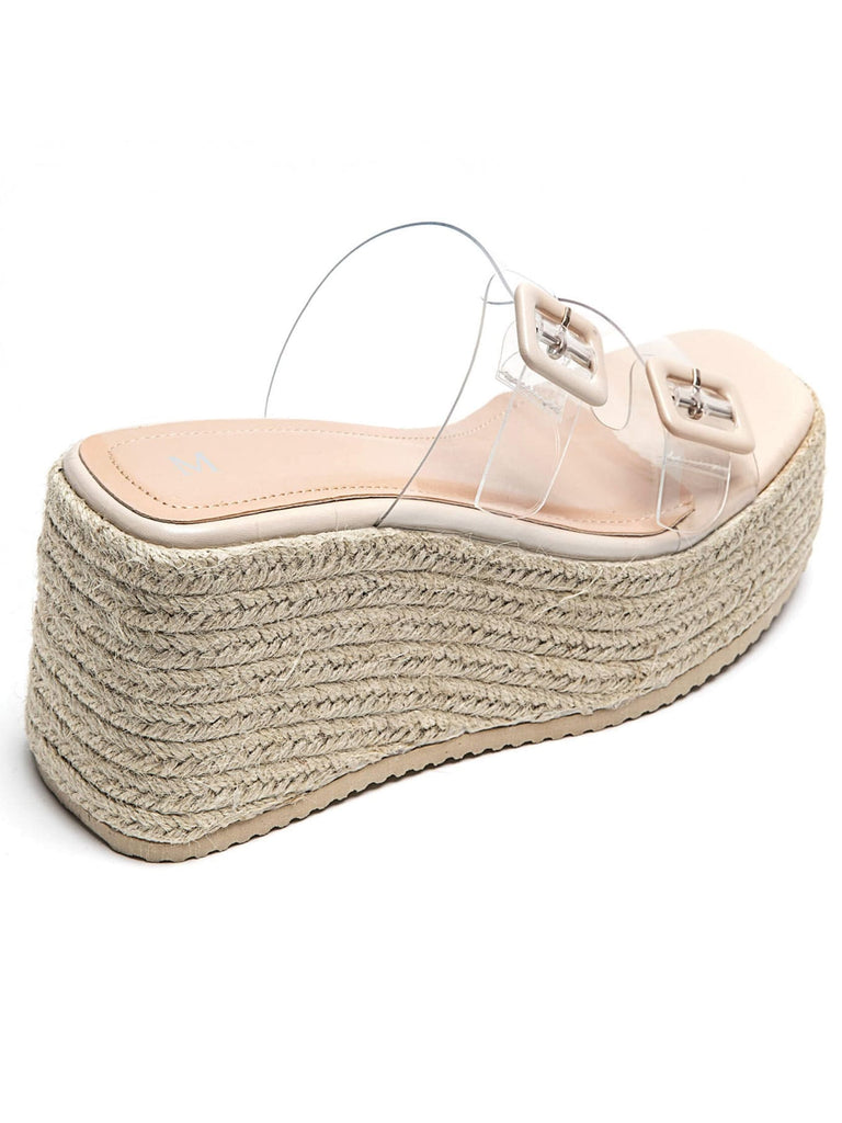 Plateau Pantolette, beige, Bastsohle, transparenter Riemen, mit Schliessen Ansicht seitlich von hinten