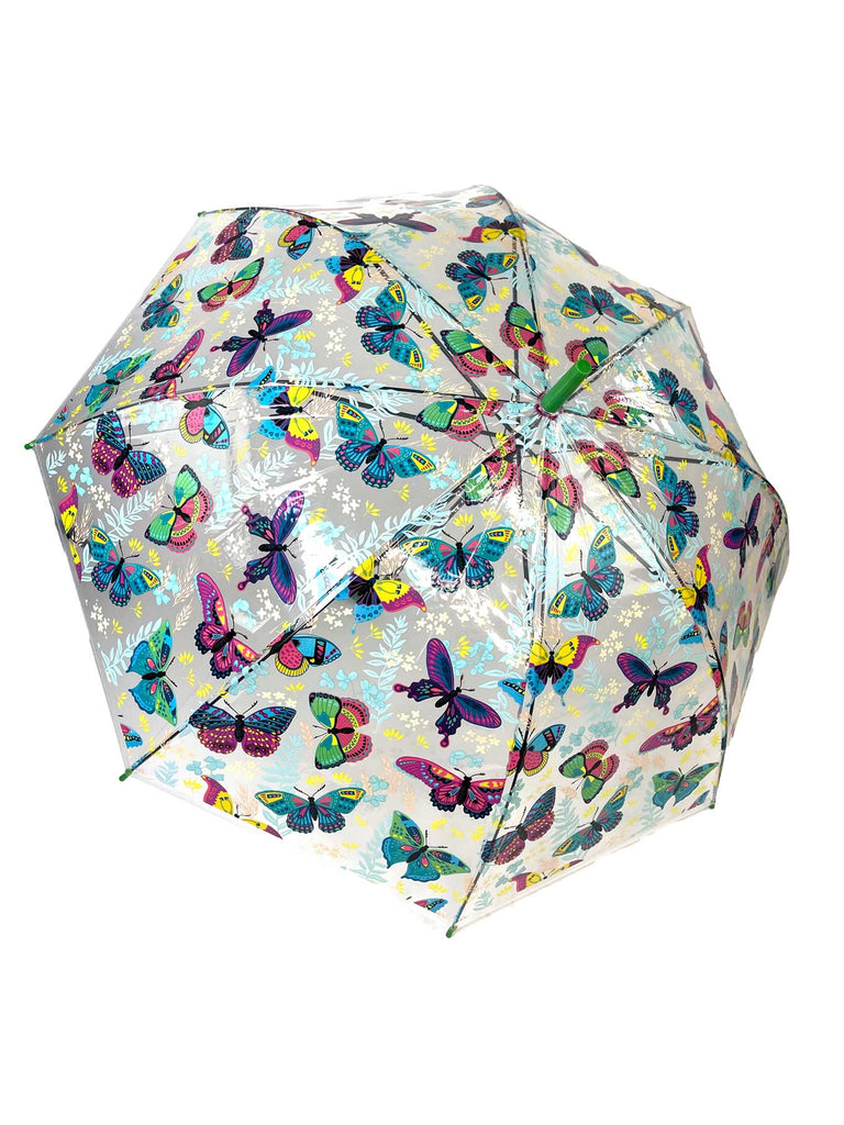 Regenschirm transparent mit bunten Schmetterlingen Griff grün Ansicht offen von oben