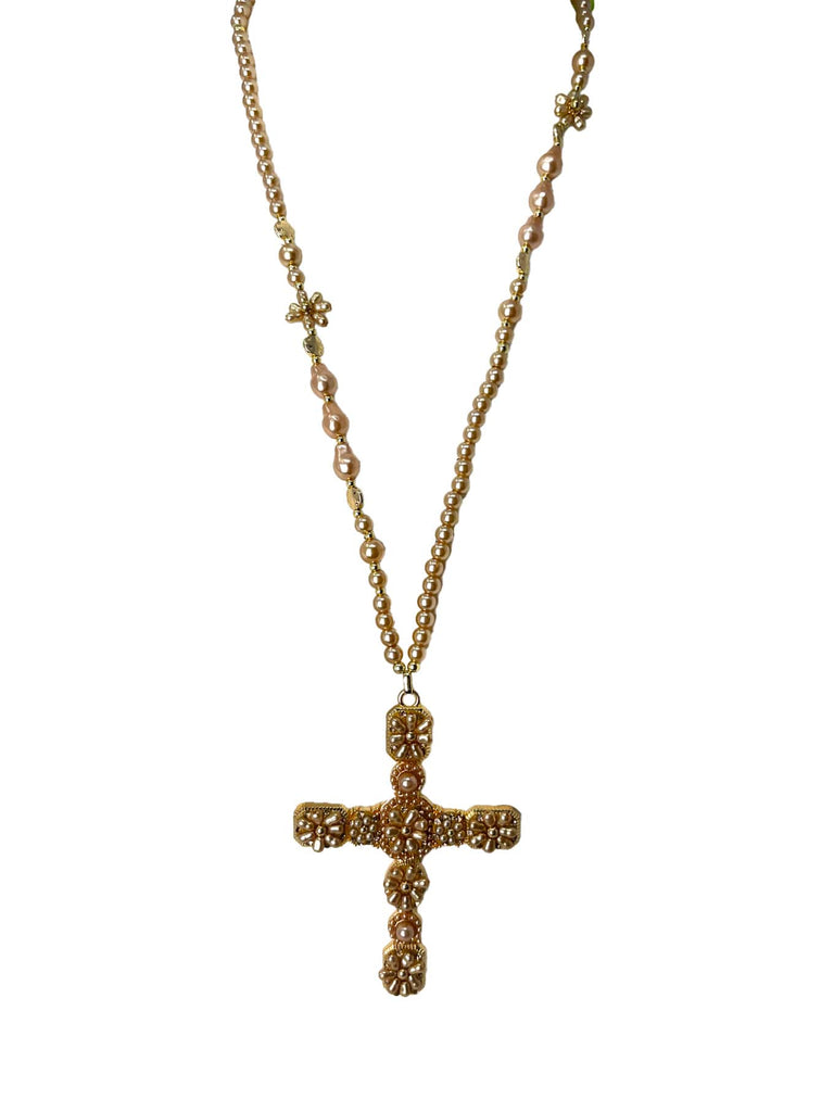 Lange Kette mit Kreuz rosegoldfarben, Perlen und Strassverzierung