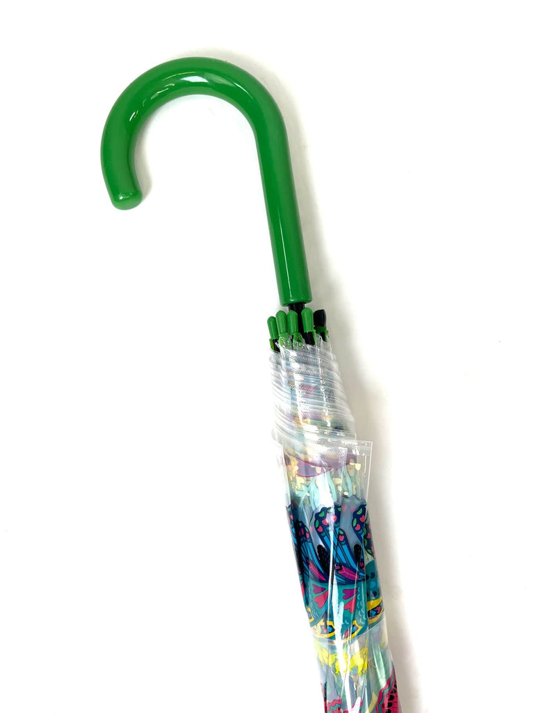 Regenschirm transparent mit bunten Schmetterlingen Griff grün Ansicht Detail Griff