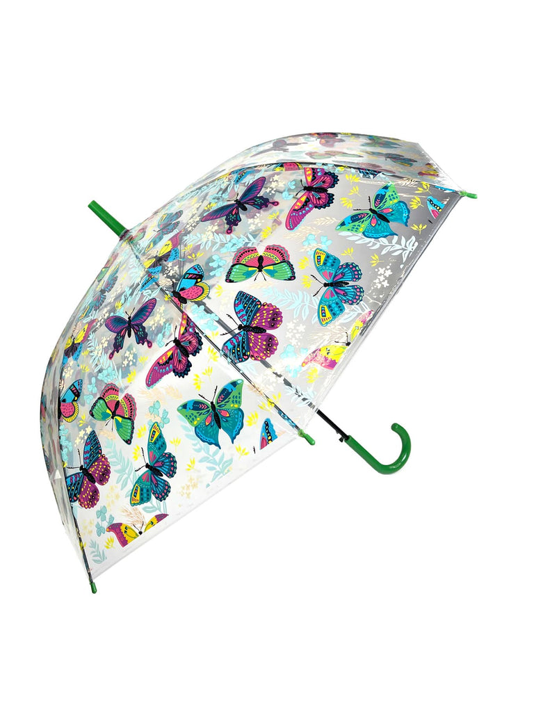 Regenschirm transparent mit bunten Schmetterlingen Griff grün Ansicht offen