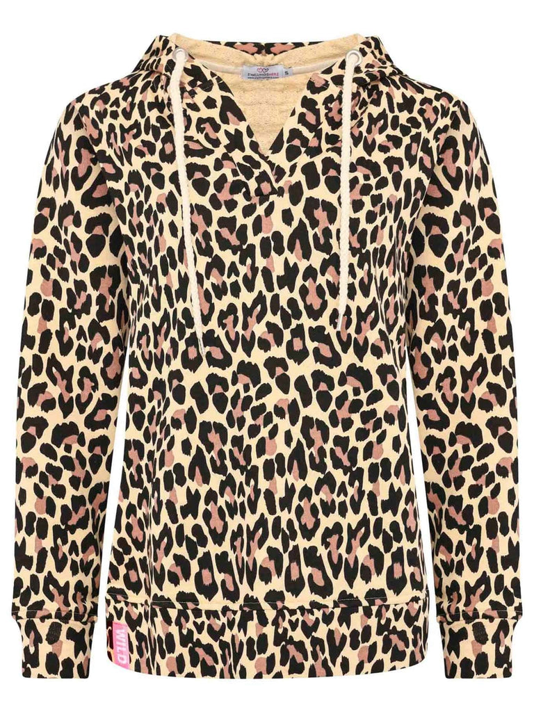 Hoodie mit allover Leo Print und V-Ausschnitt Ansicht vorn