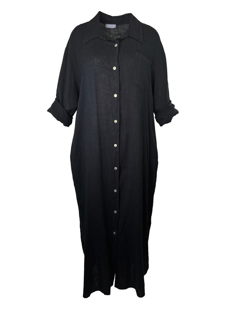 Kleid Leinen lang, schwarz, Knopfleiste, Ansicht vorn