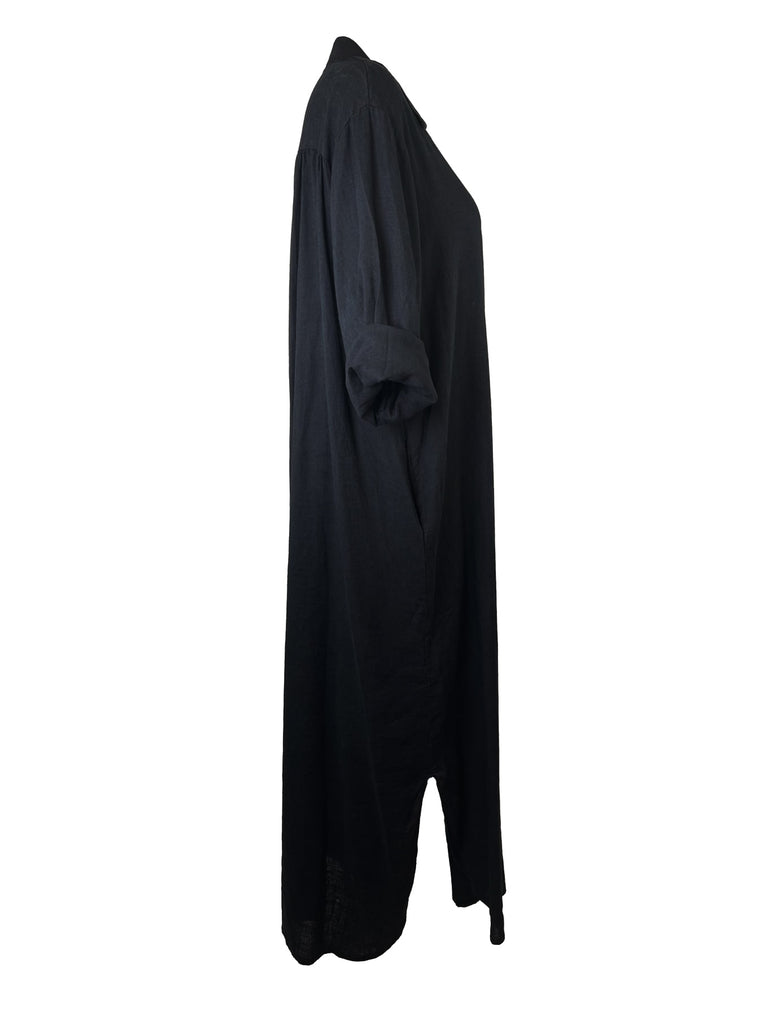 Kleid Leinen lang, schwarz, Knopfleiste, Ansicht Seite